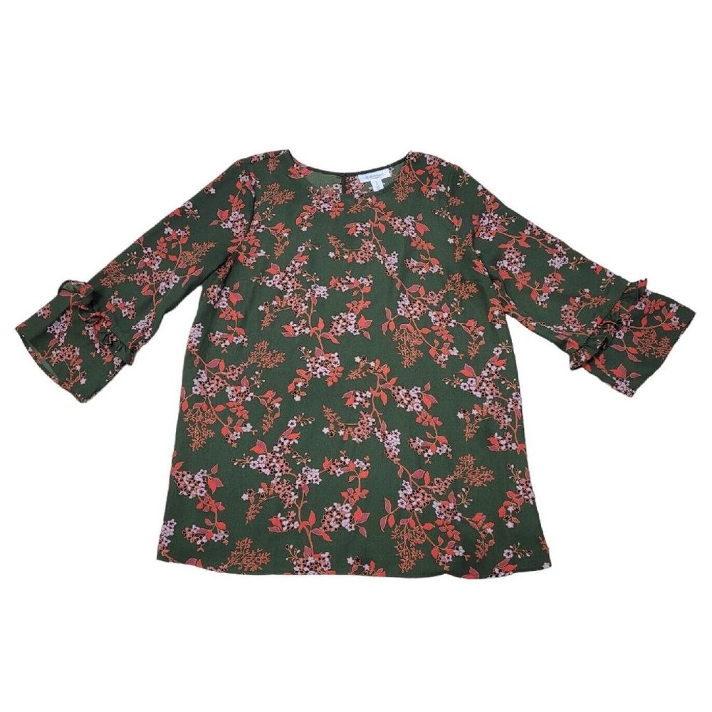 Motherhood Maternity Top Size M Green Semi Sheer Floral Print 3/4 Sleeve Blouse